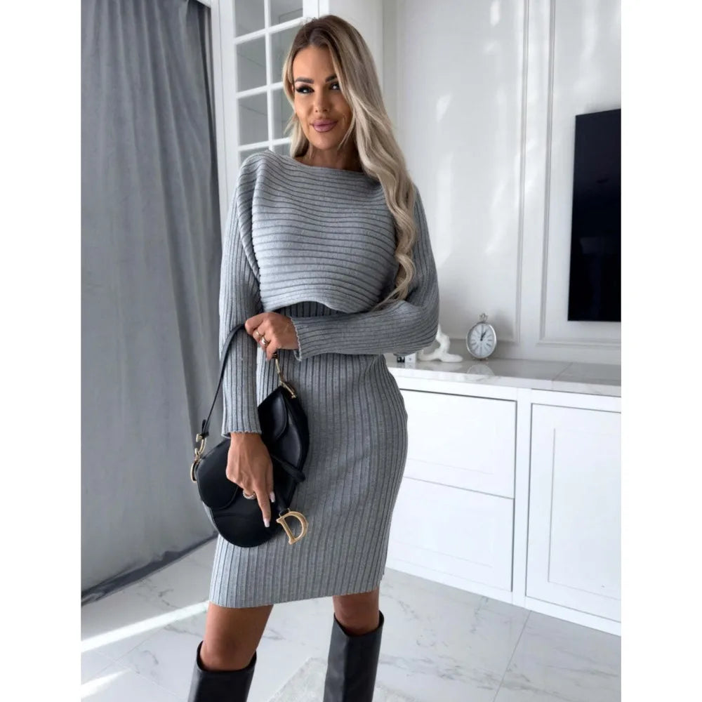 Chic Dress for Woman 2023 Winter Fashion Slim Fit Sexy Solid Two Piece Mid length Women Elegant Knitted Pit Stripe Dress Vestido - Seprincess