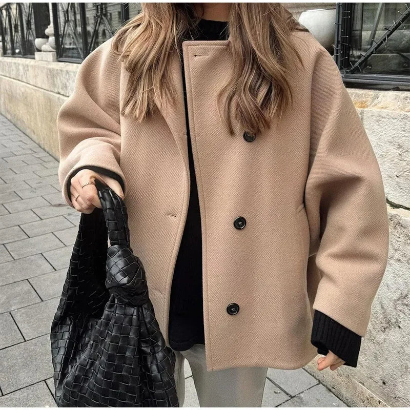 Chic Solid Single Breasted Women Woolen Coat Elegant Lapel Long Sleeve Loose Coats Female Fashion Autumn Warm Streetwear 2024 - Seprincess