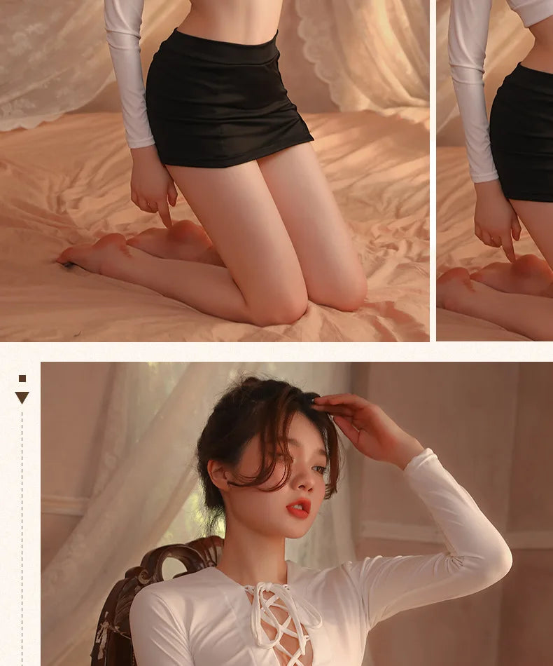 Hot Erotic lingerie Hollow buttocks short skirt two-piece set with tie up secretary uniform Cosplay underwear women xxx - Seprincess