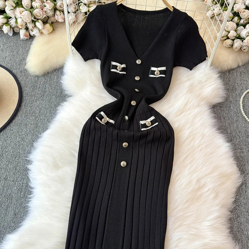 Elegant Knitted Long Dress Women Summer V Neck Single Breatsed Short Sleelve Bodycon Dresses Fashion Party Office Lady Vestidos - Seprincess