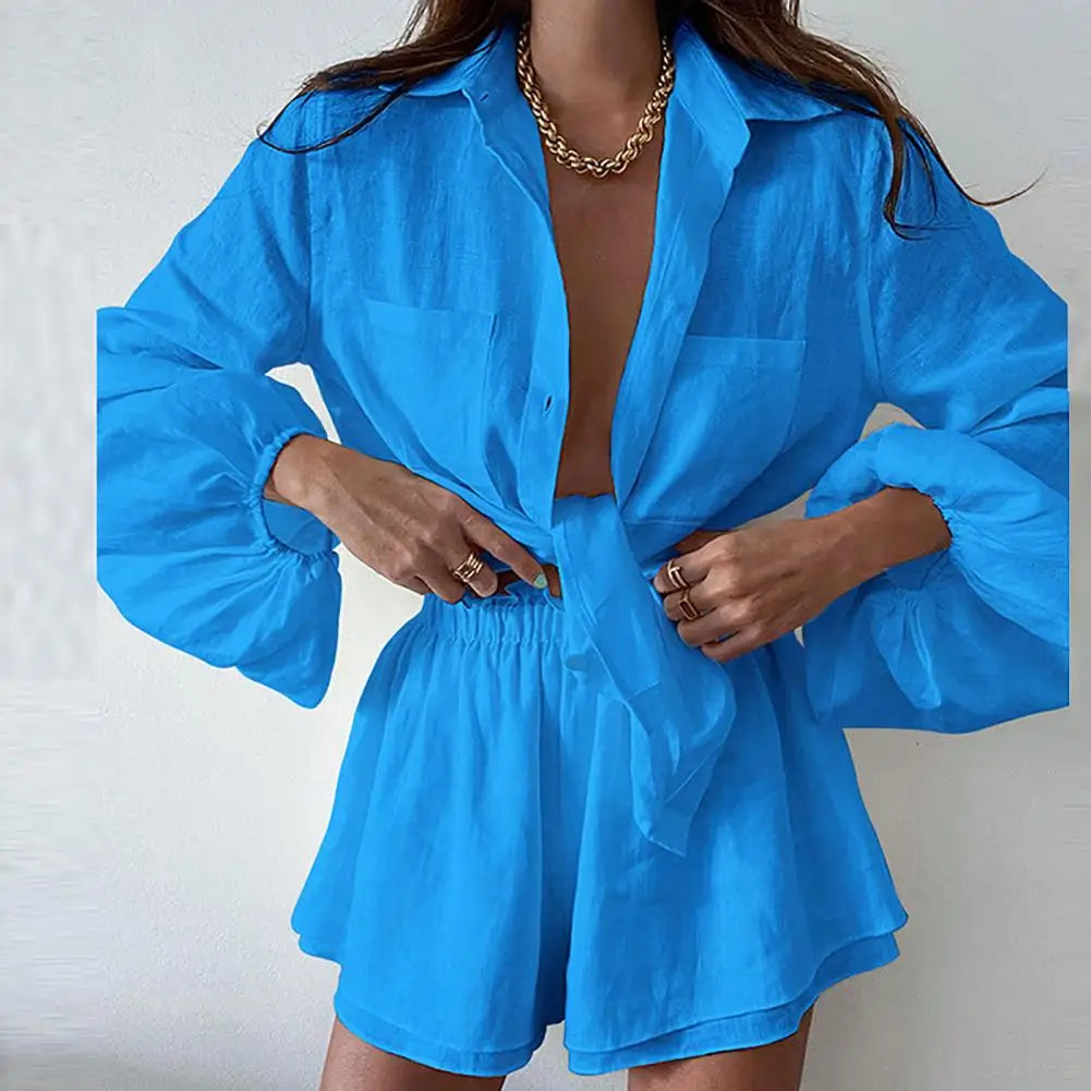 2023 Solid Color High Waist Shorts Shirt Two Piece Set Summer Loose Women Outfit Long Sleeve Blouse Wide Leg Shorts Casual Suit - Seprincess