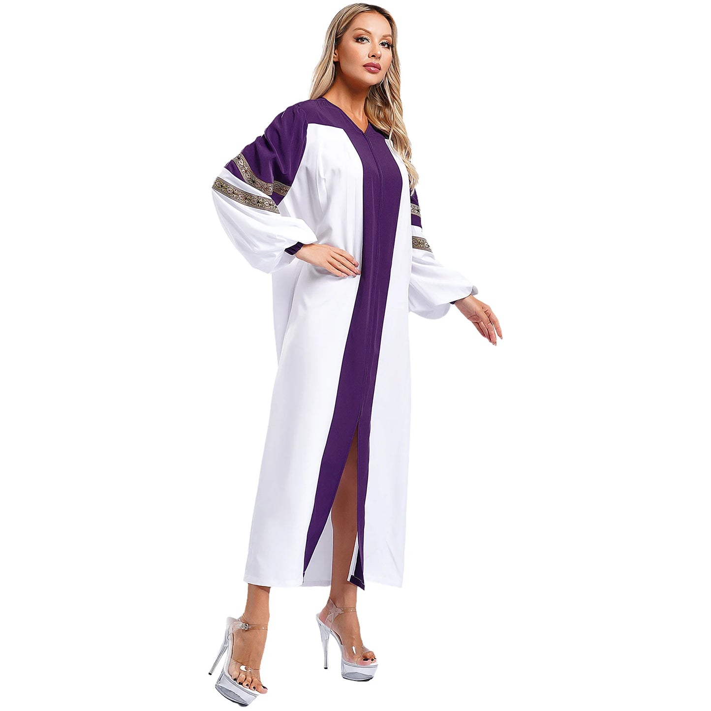 Womens Mens Church Choir Robe Halloween Cosplay Theme Party Costume V-Neck Embroidered Stripes Long Sleeve Zipper Clergy Gown - Seprincess