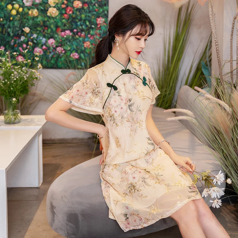 New Style Summer Improved Chiffon Cheongsam Women' Elegant Chinese Traditional Short Sleeve Qipao Dress Modern - Seprincess