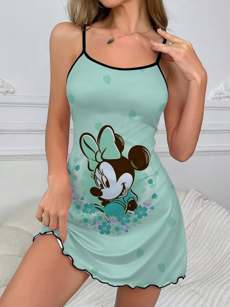 Sexy Dress Minnie Mouse Fashion Summer Dresses 2024 Disney Crew Neck Mickey Pajama Skirt Elegant Dresses for Women Lettuce Trim - Seprincess