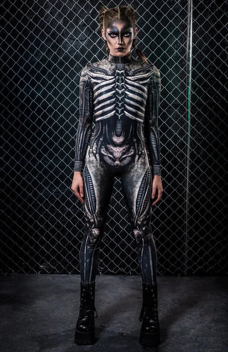 Women Clothing Long Sleeve 3D Printed Halloween Carnival Horror Human Skeleton Cosplay Costumes Tight Jumpsuit Zentai Bodysuit - Seprincess