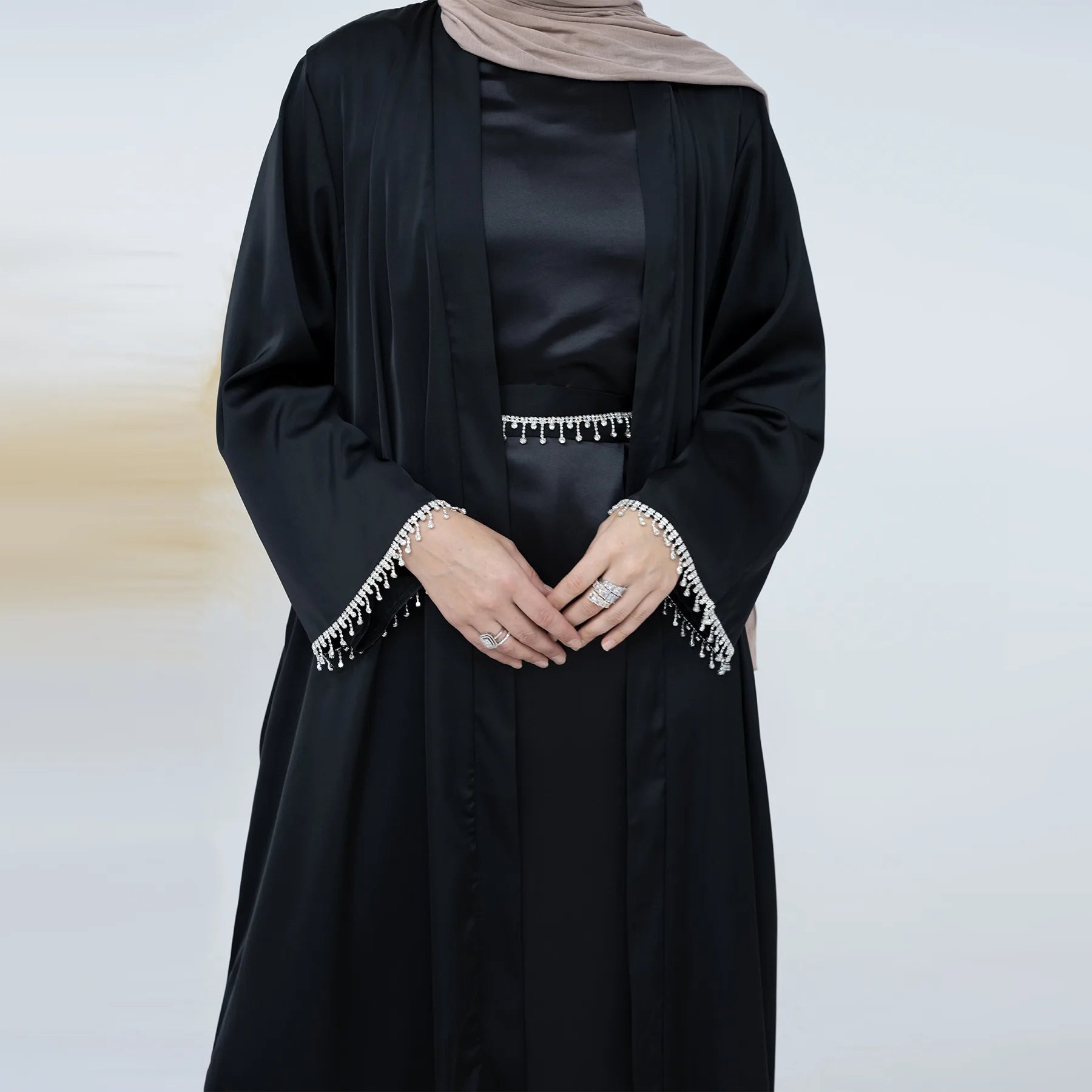 Eid Silky Satin Party Abayas Set 2 Piece Ramadan Women with 2 Diamond Chains Cardigan Robe Islamic Abaya 2024 - Seprincess