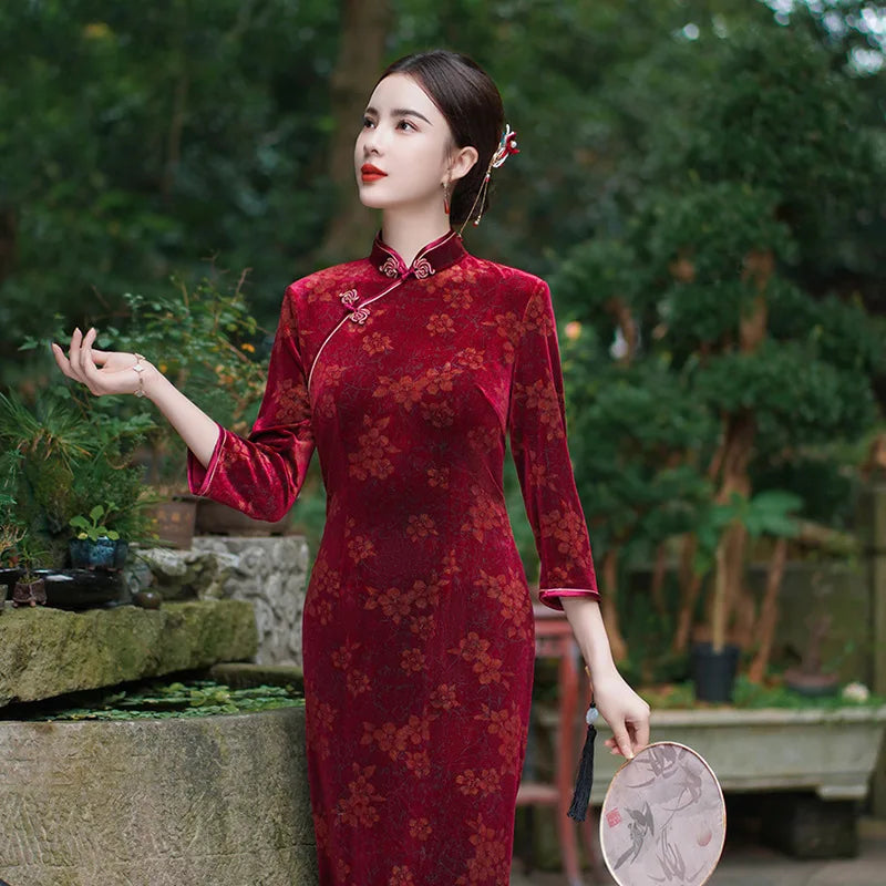 Women Flocking Cheongsam Improved Winter Plus Size Dress Chinese Style Evening Dresses Show Long Qipao Costume 4 Color - Seprincess