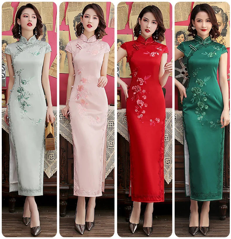 Silk Embroidered Long Cheongsam 2023 New Lace Edge Improved Qipao Chinese Style Evening Dresses Woman Ceremony Dress - Seprincess