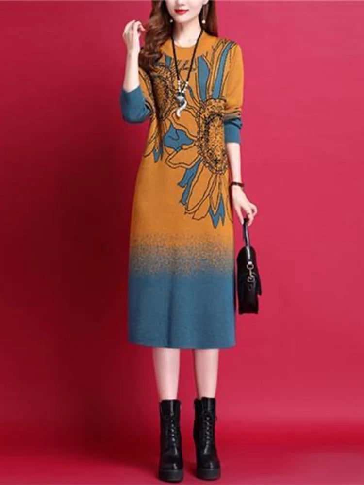 Office Lady Korean Fashion Knitted Dresses 2023 New Winter Slim Wool Elegant Jacquard Sweater Dress - Seprincess