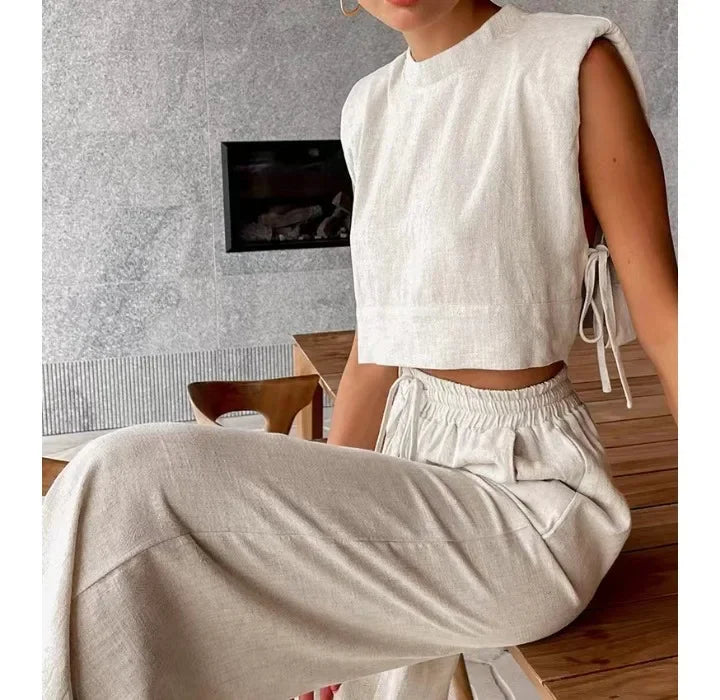 Fashion 2 Piece Sets Women Outfits Shoulder Pad Sleeveless Top & Pants Sets Casual Cotton and Linen Women's Suit 2024 Summer - Seprincess