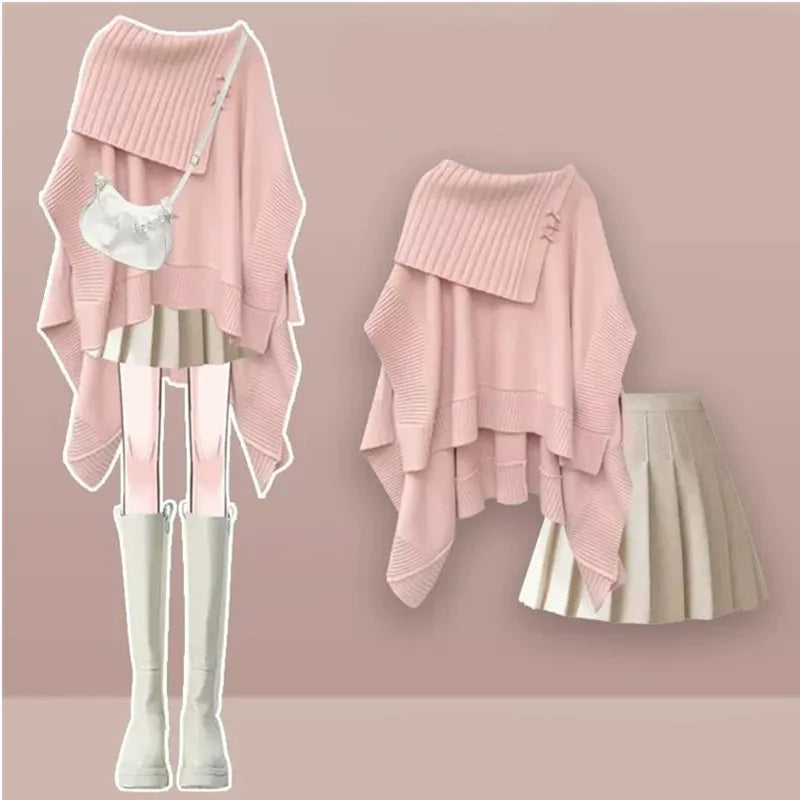 2024 Spring New Loose Knitted Shawl Sweater Mini Pleated Short Skirt Two Piece Set Elegant Women's Skirt Set Sexy Outfits - Seprincess