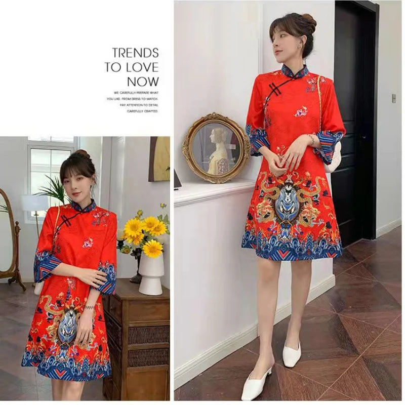 Red Blue Loose 2024 New Fashion Modern Chinese Cheongsam A-line Dress Women 3/4 Sleeve Qipao Traditional Chinese Clothes - Seprincess