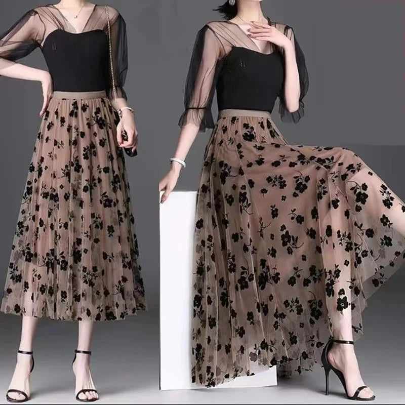 Korean Women Tulle Skirt Fashion Summer Hook Floral Loose Midi Skirt Elegant Female Casual All Match Mesh Skirts New - Seprincess