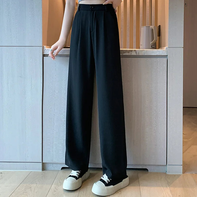 Women Summer Concise Office Daily Pants Lady Comfortable Baggy Wide Leg Straight Leg Trousers Female Casual High Waisted Slacks