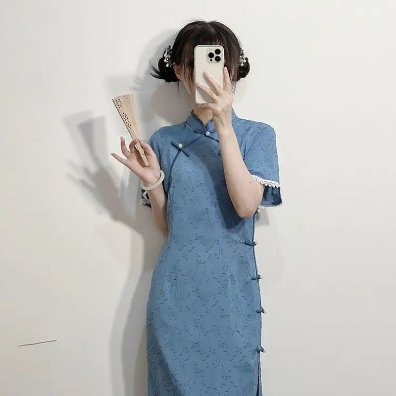 Women Qipao Dress Retro New Chinese Style Cheongsam Improved Blue Young Girl Dress Summer 2023 Classic Chinese Dress Woman - Seprincess