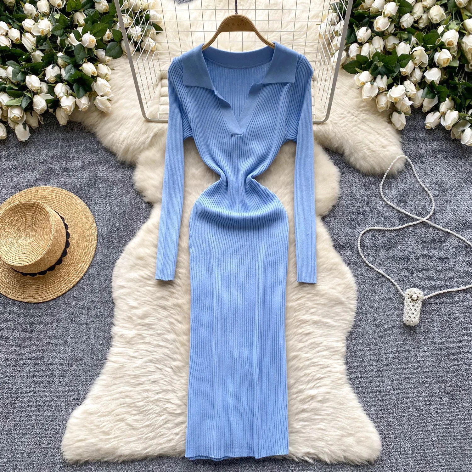 SINGREINY French Vintage Sweater Dress 2024 Ladies Lapel Long Sleeves Autumn Fashion Solid Basics Bodycon Knitted Long Dress - Seprincess