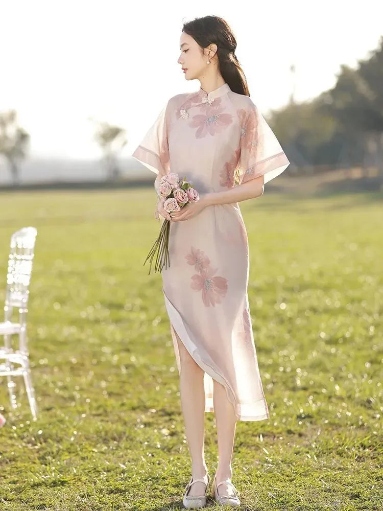 2023 Beige Improved Embroidery Cheongsam Vintage Elegant Dress Trumpet Sleeve Slim-fit Mid Long Qipao Traditional Chinese Dress - Seprincess