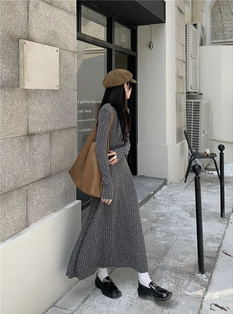 Vintage Versatile Knitted Long Sleeve Dress Women's Slimming A- line Skirt Autumn/winter Waist-fitted Long Dress