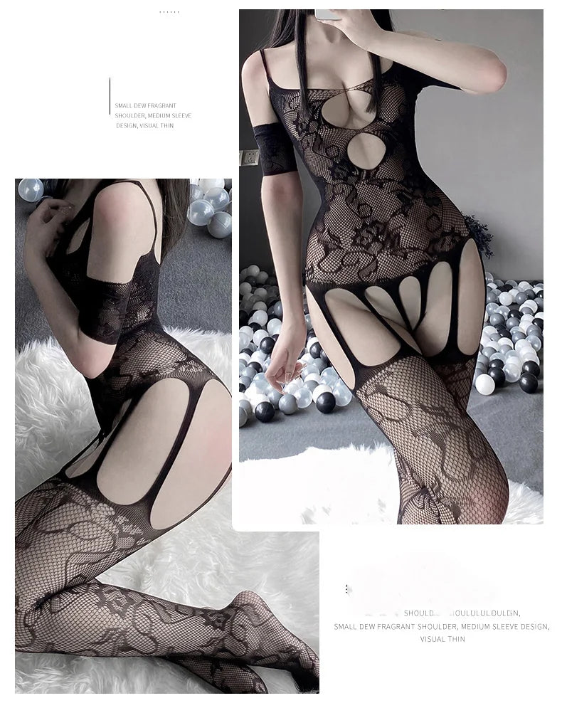 Sex Bodysuit Hollow mesh suit with deep V-shaped suspender pattern jumpsuit sexy woman lingerie Babydoll body femme lingerie xxx - Seprincess