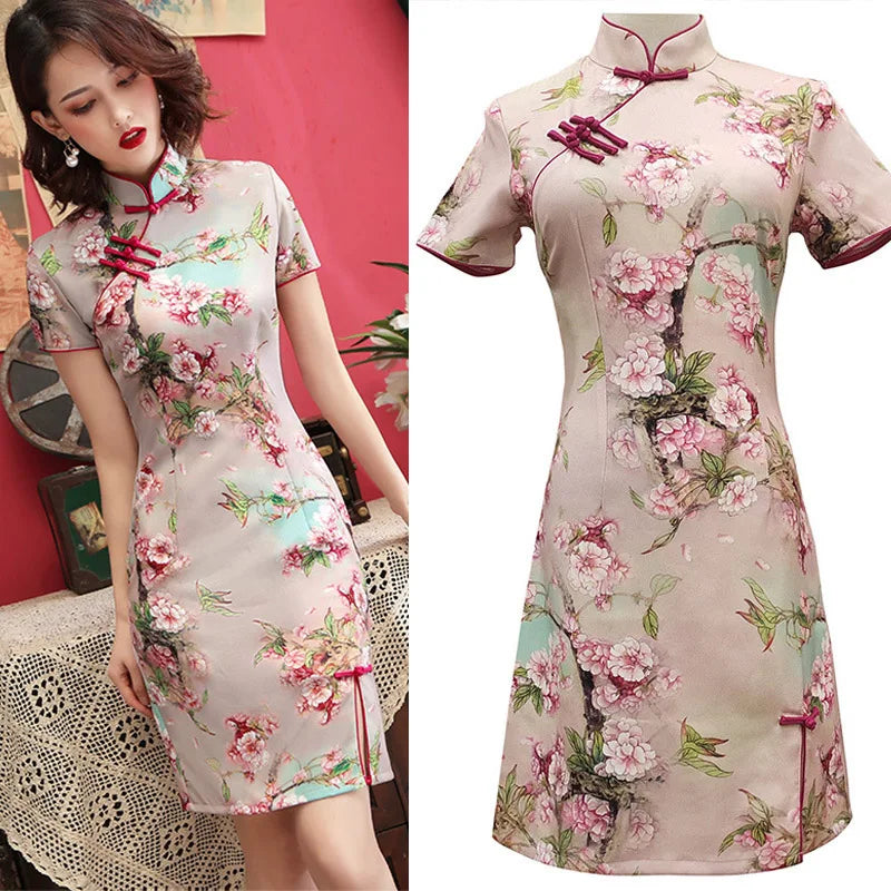 Traditional Chinese Dress Vintage Cheongsam Sexy Short Qipao Print Flower Women Rayon Dresses Classical Vintage Button Vestidos - Seprincess