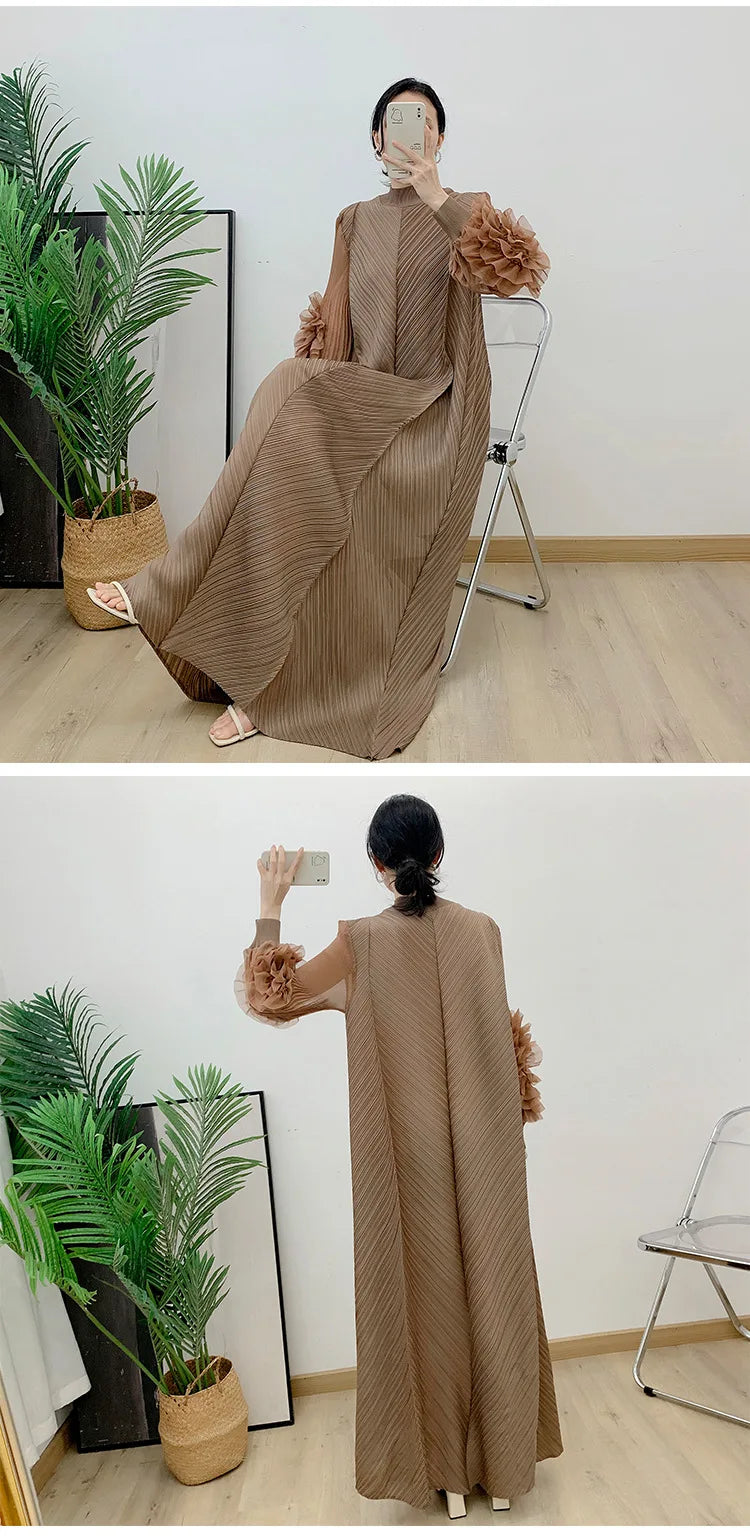 ANLAN Miyake Pleated Maxi Long Dress Mesh Petal Sleeve Half Turtleneck Formal Dresses for Women 2024 New Hot Sales 6KK9927