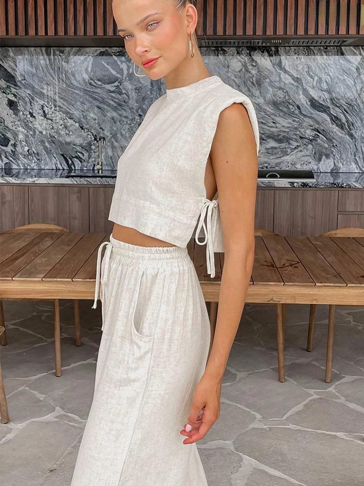 Women Holiday Linen Pant Set Crop Tops Solid Outfits 2 Two Piece Matching Set for Women Sleeveless Casuals Fashion Summer 2023 - Seprincess