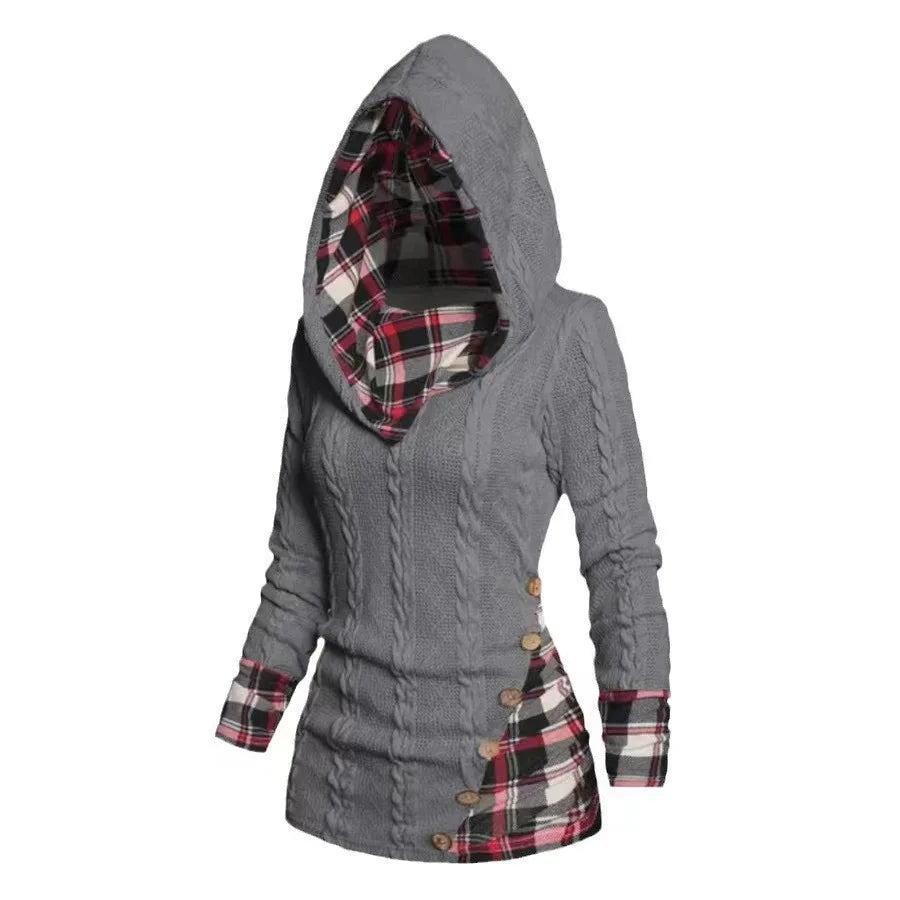 2024 Autumn Winter Chic Plaid Hooded Dress Women Knit Sweater Long Sleeve A Line Style With Trendy Splicing Perfect Casual Wear - Seprincess