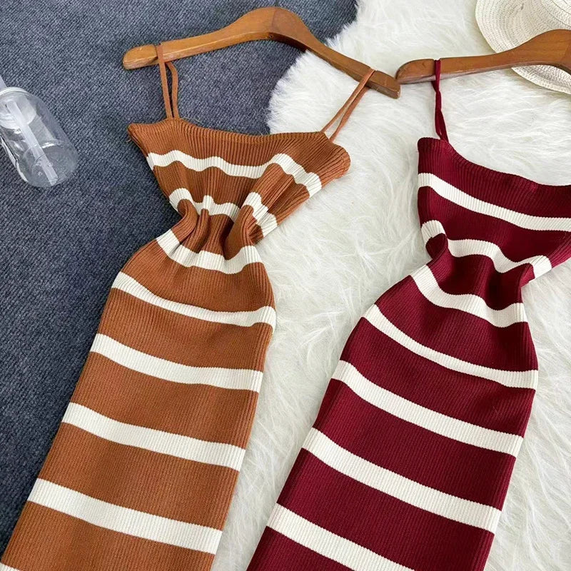 Summer Stripe Elastic Bodycon Strap Dress 2024 Sexy Beach Sundress Women Casual Slim Pencil Vestidos Maxi Long Dress - Seprincess