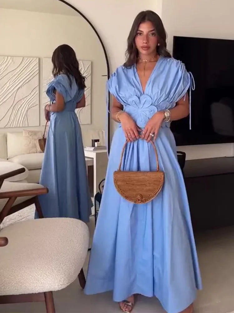 Summer Elegant Pleated Bow V Neck Blue Long Dresses For Women 2024 New Off Shoulder Sleeveless Maxi Dress Ladies Vacation Robe - Seprincess