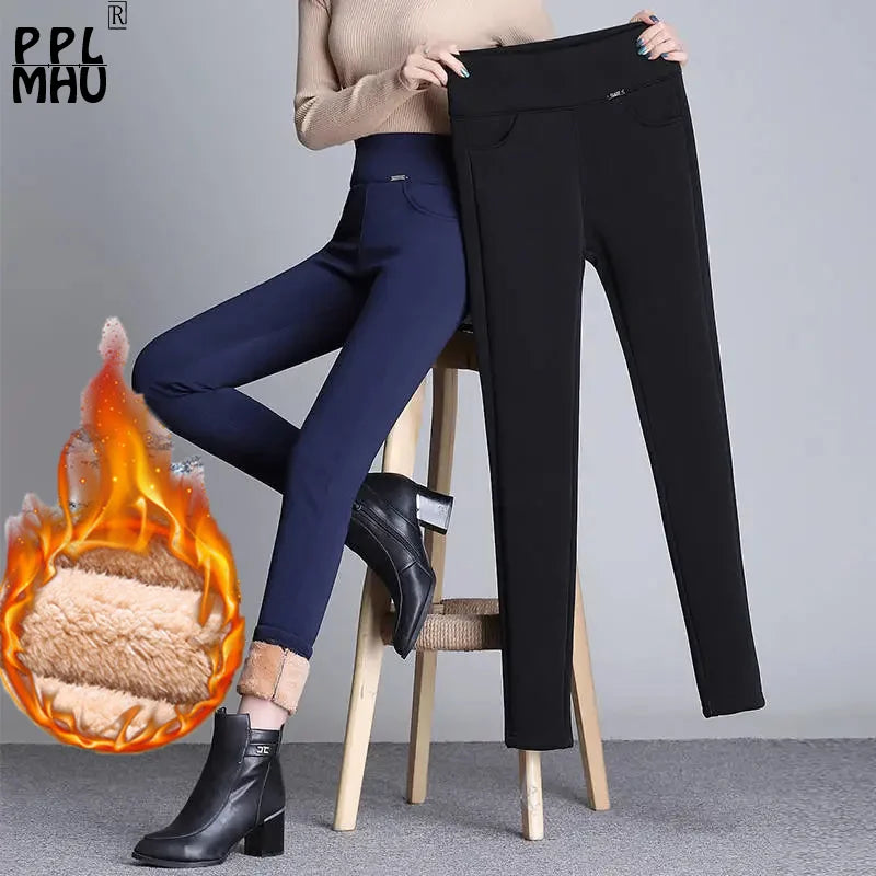 Super Warm Winter Pencil Pants Women Big Size 6xl Thicken Fleece Lined Slim Pantalones High Waist Office Lambwool Fluff Leggings