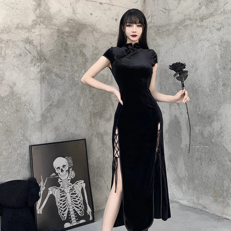 2024 Vintage Black Bandage Chinese Style Cheongsam High Split Velvet Dress Spring Retro Long Qipao Gothic Women Aesthetic Dress - Seprincess