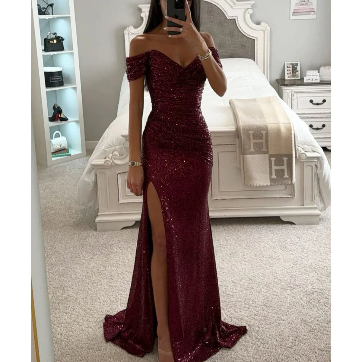 2024 New Party Dresses Sequins One Neck Split Casual Fashion Dresses for Female Long Dresses Women's Clothing Vestidos Largos - Seprincess