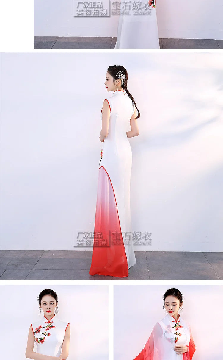 White Sexy Satin Chinese Dresses Gown Women Large Size Slim Qipao Long Sequins Evening Party Cheongsam Elegant Vestidos - Seprincess