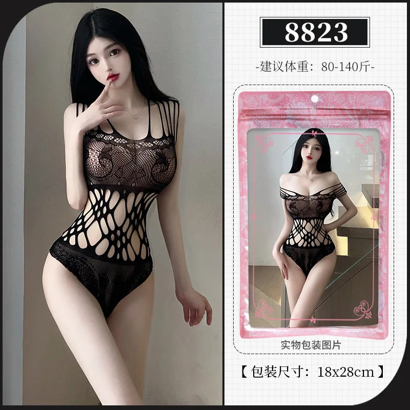 Sexy Erotic Lingerie For Women Porn Fishnet Mesh Bodysuit Female Perspective Sex Crotchless Hollow Stretch Teddy Bodystockings