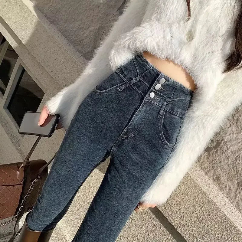 Slimming High-waisted Jeans Women's Fleece-lined Petite Winter Fashion Slims Your Body Smooths Silhouette Tight Fit Denim Pants