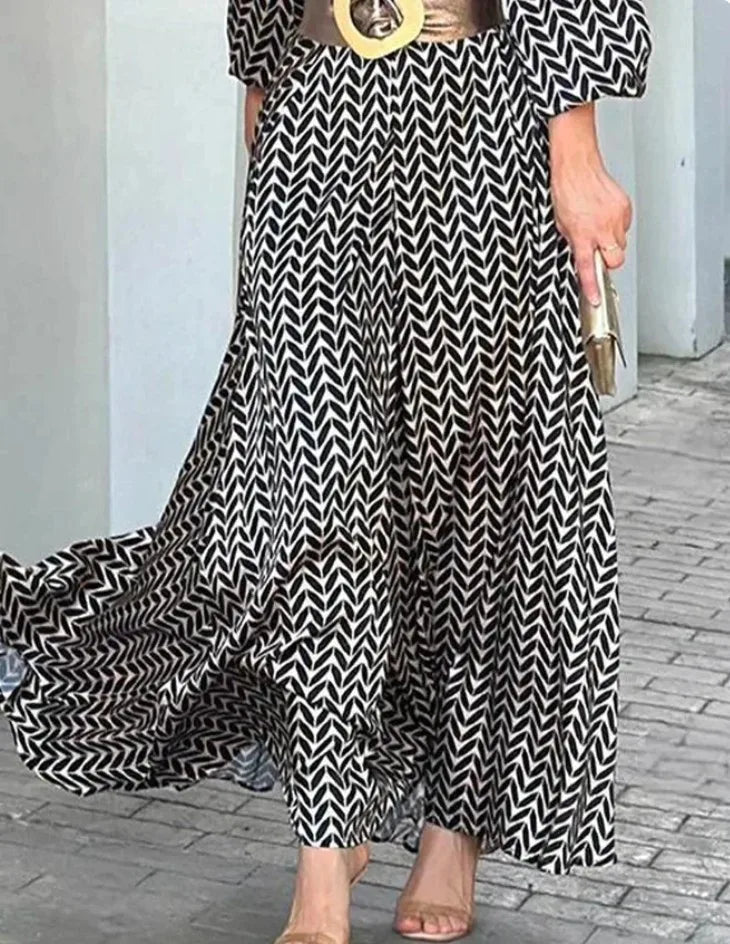 2024 New Spring Autumn Elegant Dress Women Black White Printed Vintage V Neck Fashion Leisure Gathering Women Slim Long Dresses - Seprincess