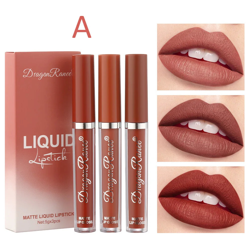 Dragon Ranee Set of 3pcs Velvet Lip Glaze Matte Lipstick Soya Lasting Lip Colour - Seprincess