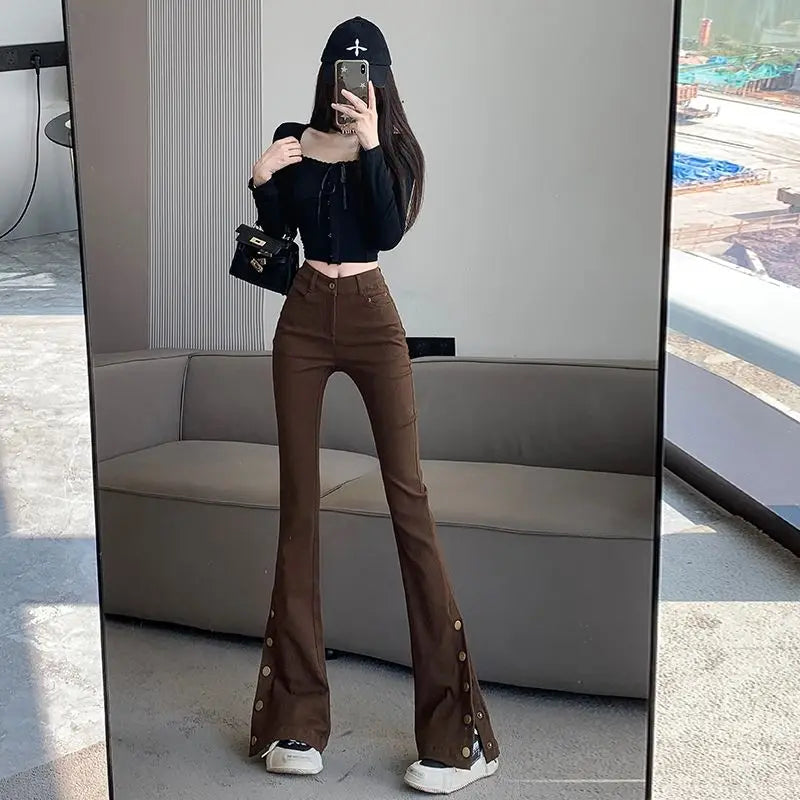 Micro-boot jeans brown buttoned design women's autumn and winter new high-waisted slim straight-leg floor mopping pants