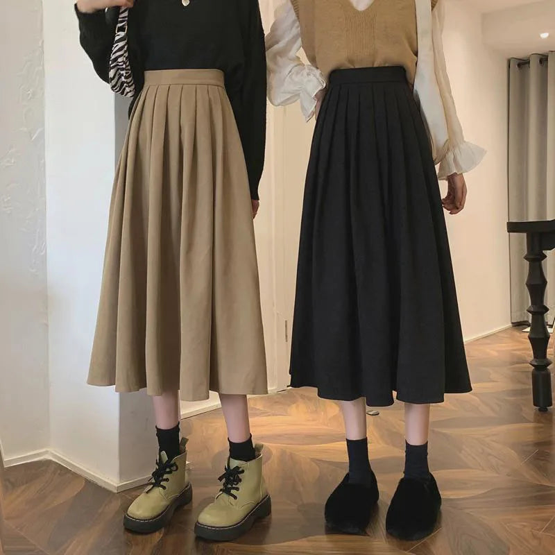 Lucyever Vintage Brown High Waist Pleated Skirt Women Korean Fashion College Style Long Skirt Ladies Autumn Casual A line Skirts - Seprincess