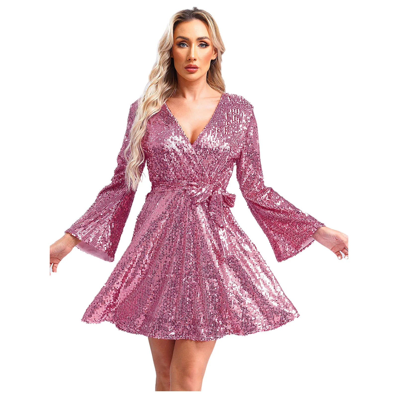 Fashion Women's Dress Clubbing Prom Vestidos V Neck Loose Sequin Dresses Long Sleeve Gown for Cocktail Party Prom Evening Robe - Seprincess