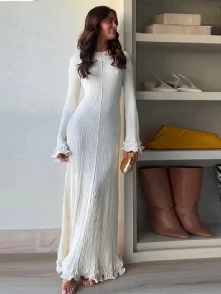 Women Elegant Ruffle Hem Knit White Long Dress O-neck Flare Long Sleeve Backless Bandage Dresses 2024 New Evening Party Robes - Seprincess