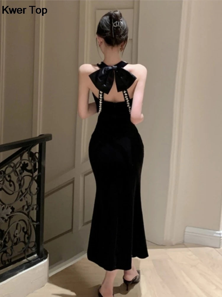 Woman Sexy Backless Bow Black Mermaid Dresses French Vintage Temperament Party Dress Ladies Chic Luxury Velvet Robe - Seprincess