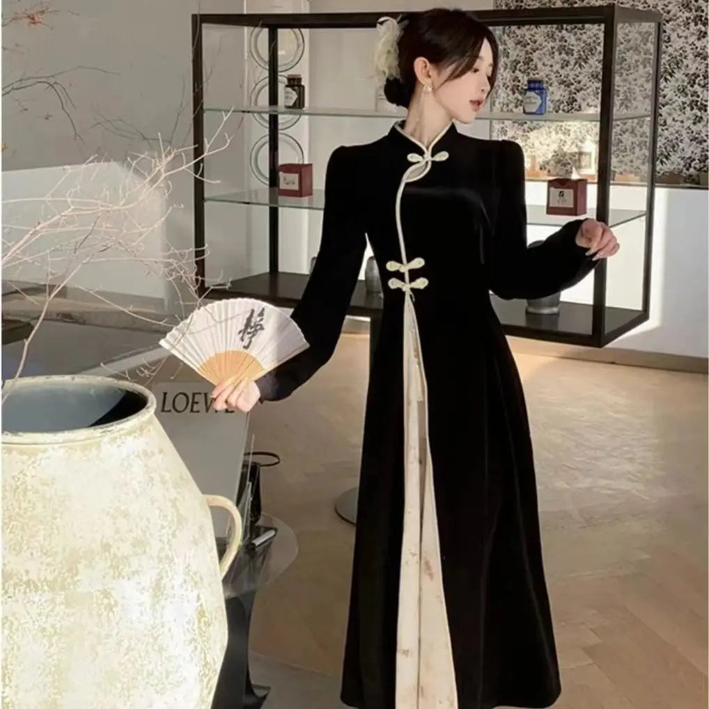 Modern Qipao Improved Cheongsam Chinese Dress Traditional Women's Clothing Autumn Winter Dark Patterned Jacquard Long Sleeve - Seprincess