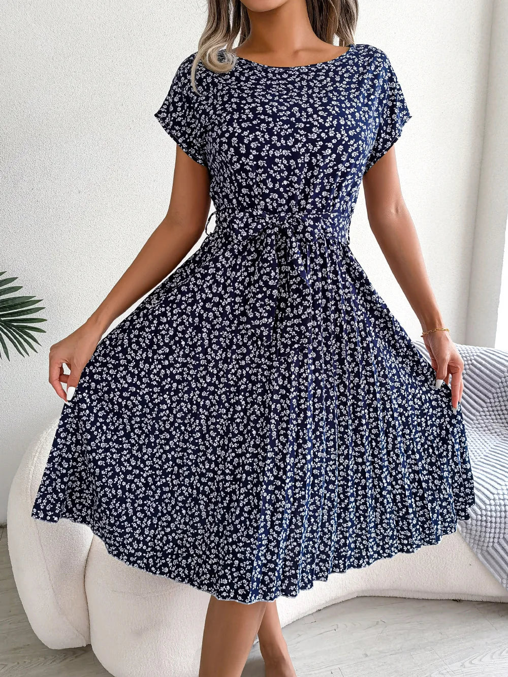 Women Spring Summer Short Sleeve High Waist Chic Dress Fashion Floral Pleated A Line Long Dress - Seprincess