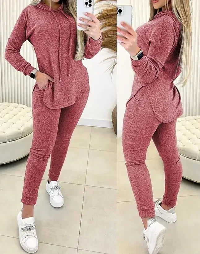 2 Piece Set Women Outfit 2024 Spring Fashion Hem Slit Long Sleeve Hooded Sweatshirt & Casual Pocket Design High Waist Pants Set - Seprincess