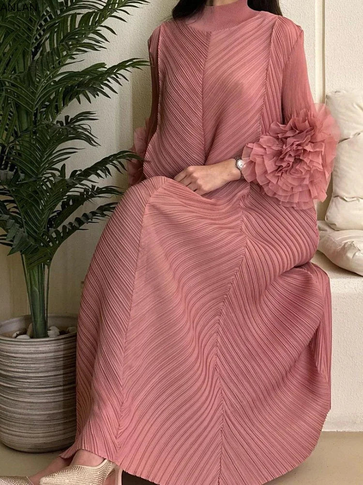 ANLAN Miyake Pleated Maxi Long Dress Mesh Petal Sleeve Half Turtleneck Formal Dresses for Women 2024 New Hot Sales 6KK9927 - Seprincess