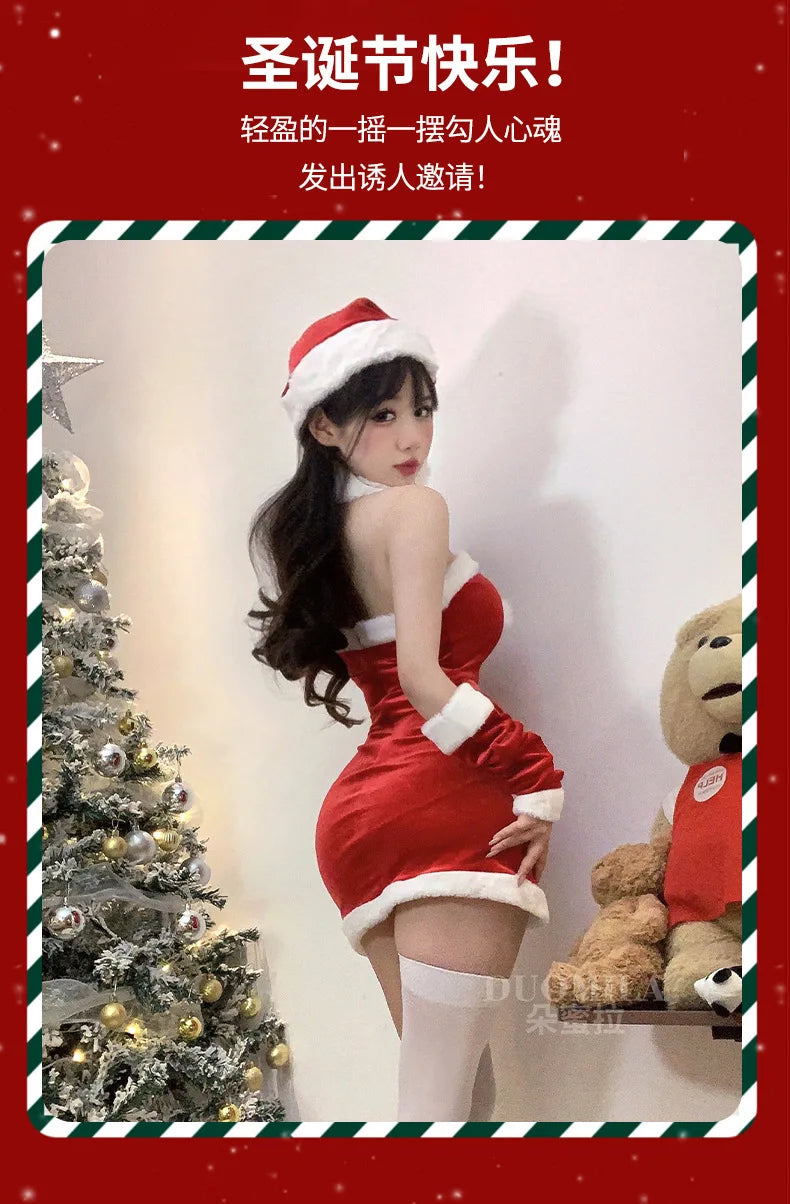 Fashion Sexy Korean Women Christmas Decoration Short Dress Elegant Velvet Sexy Female Cosplay Halloween Performance Dress 6BVH - Seprincess