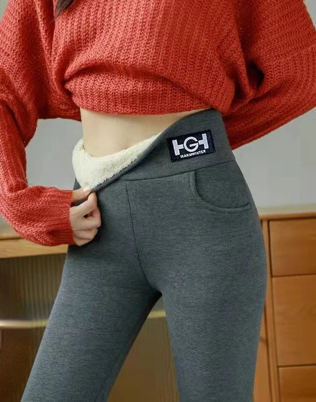 Winter Women Leggings Solid Warm Leggings Thicken Lambwool Hight Waist Fleece Keep Butt Lift High Stretchy Walking Pants Pocket