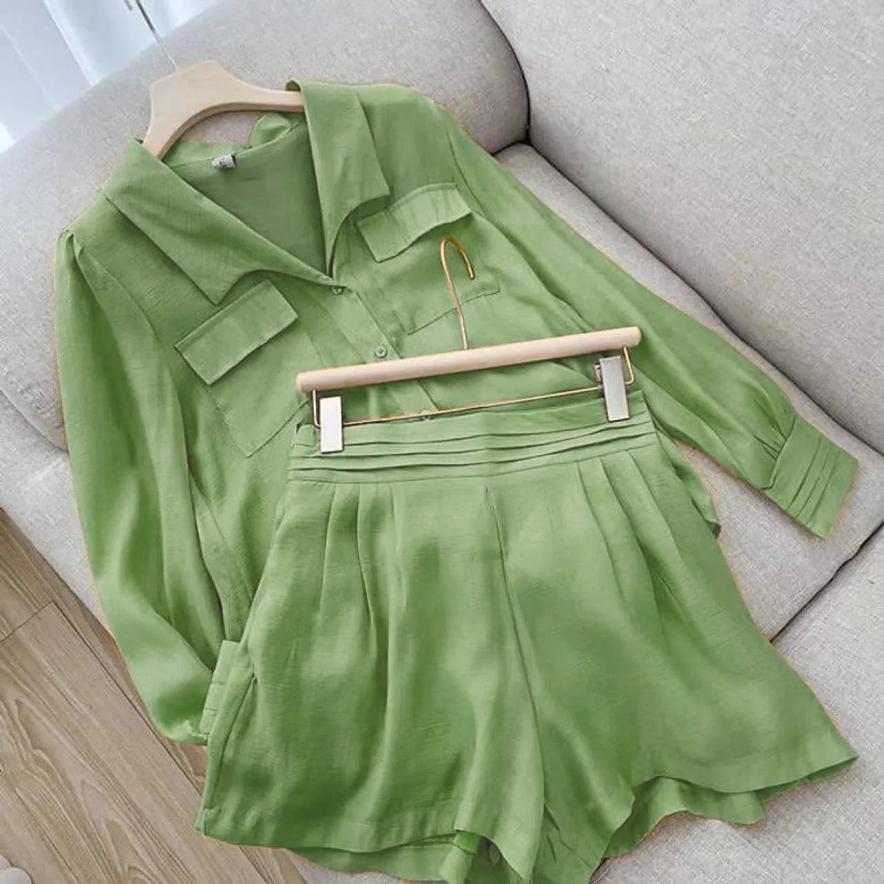 Spring Shirt Two Piece Set For Women Summer Shorts 2 Piece Sets Suits Solid Color Long Sleeve Shirt Short Casual Outfits Female - Seprincess