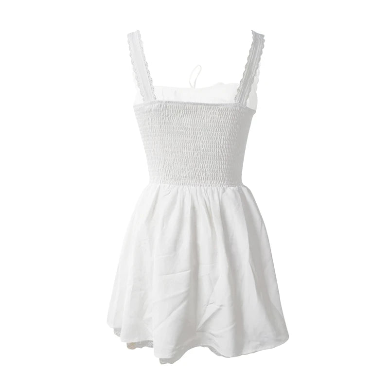 y2k Strap Sleeveless High Waist Women Bustier Corset Dress White Lace Trim Spaghetti A Line Mini Dress Dresses Clubwear - Seprincess